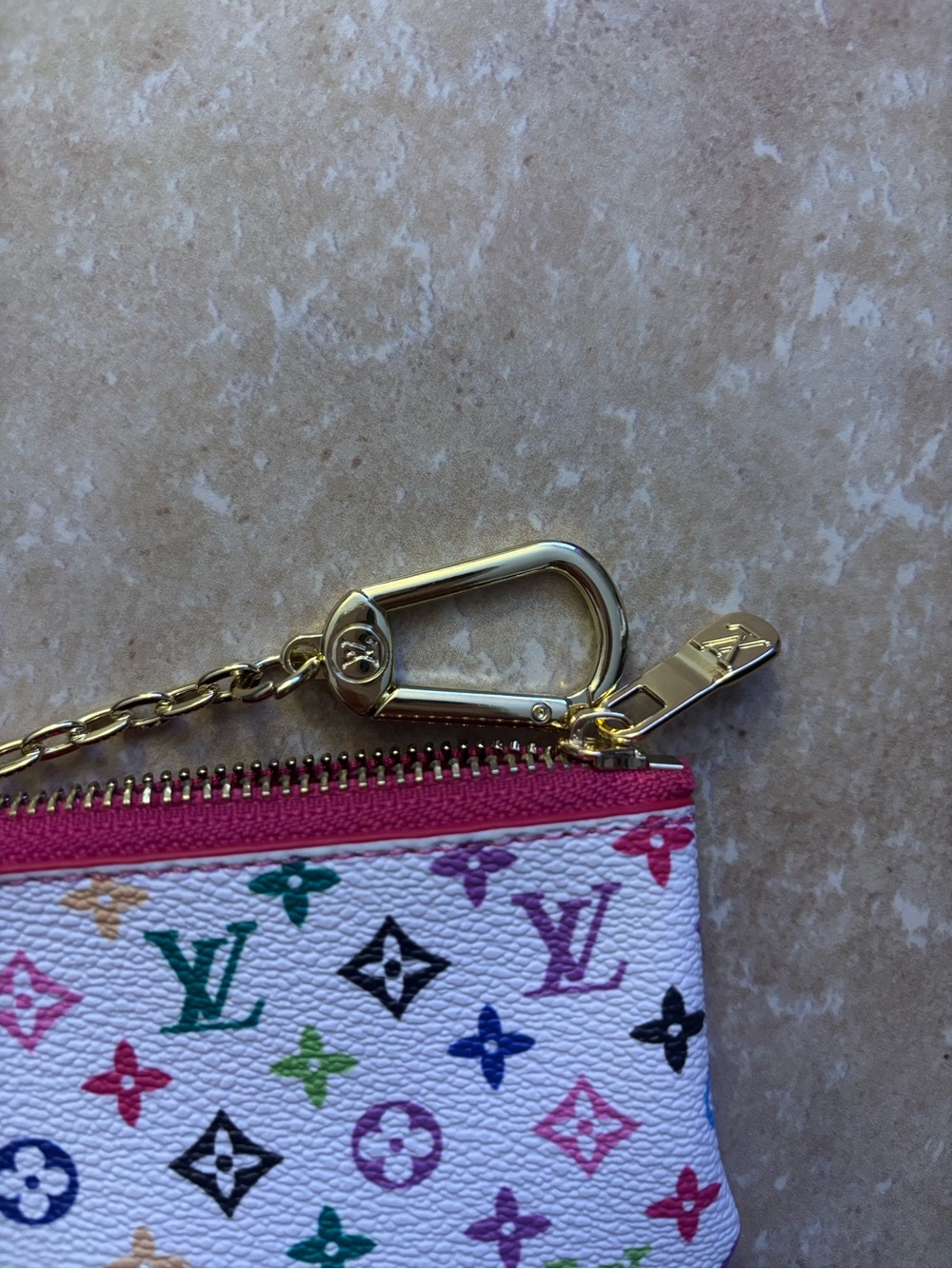 Multicolor Monogram White Canvas Coin Pouch with Pink Trim - Picture 2 of 2
